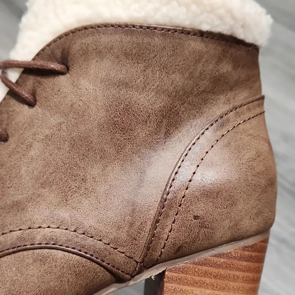Restricted Brown Leather Sherpa Heeled Booties